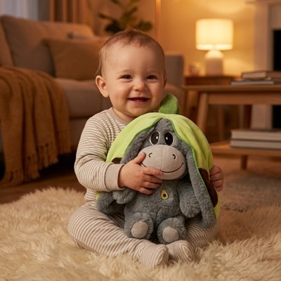 Peluche qui respire âne câlin apaisant  gris bébé joyeux assis