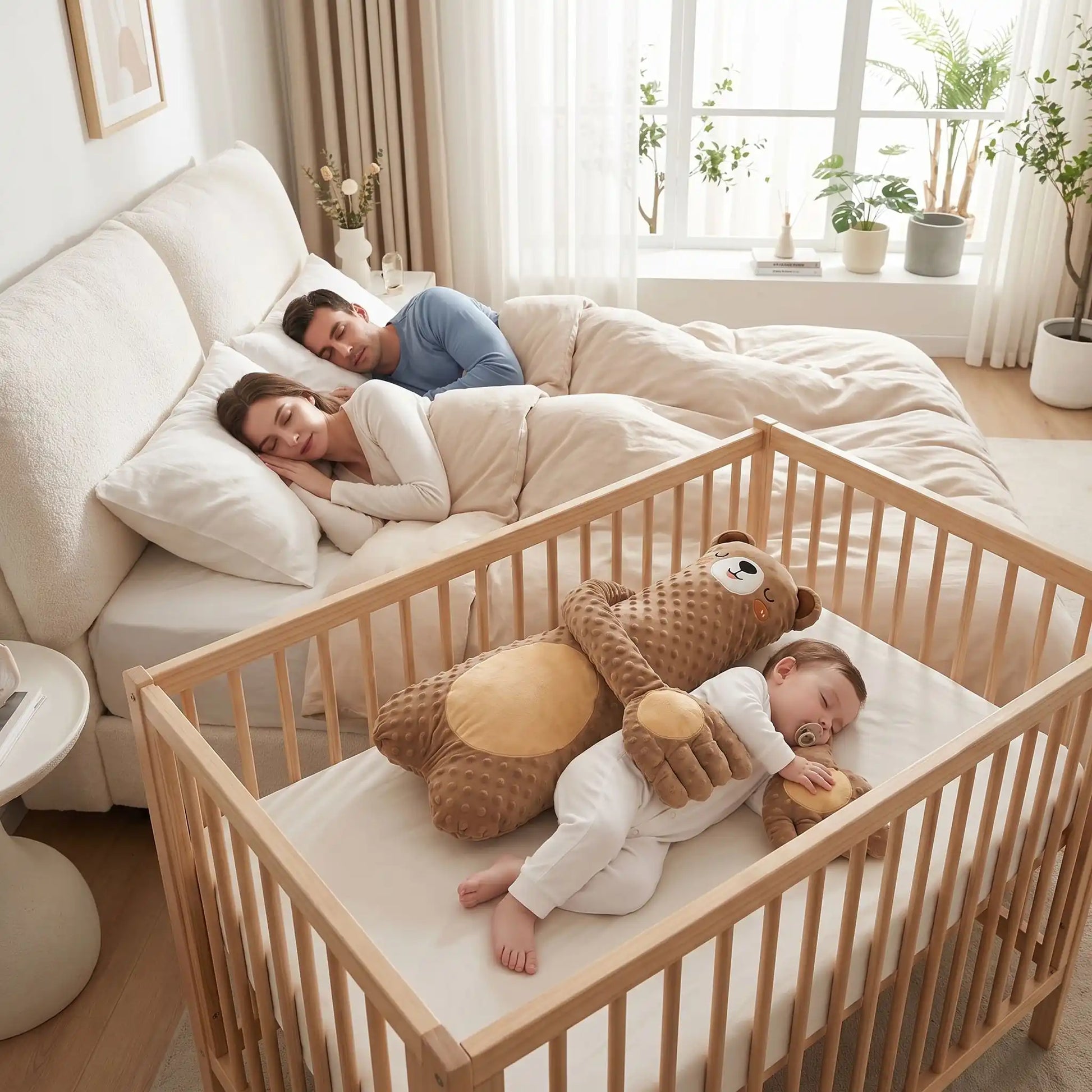 peluche qui tapote bébé ourson brun apaisant bébé parents dorment