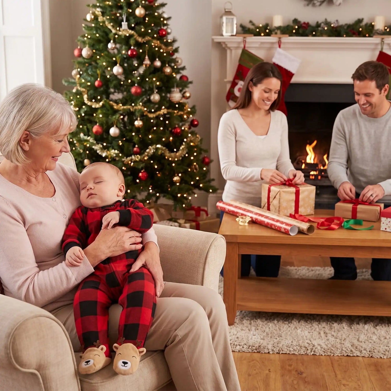 Pyjama de Noël bébé dort bras grand-maman, parents emballent cadeaux