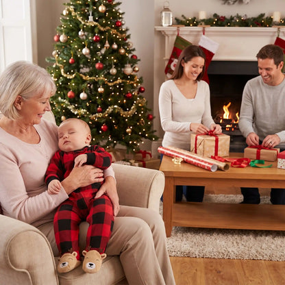 Pyjama de Noël bébé dort bras grand-maman, parents emballent cadeaux