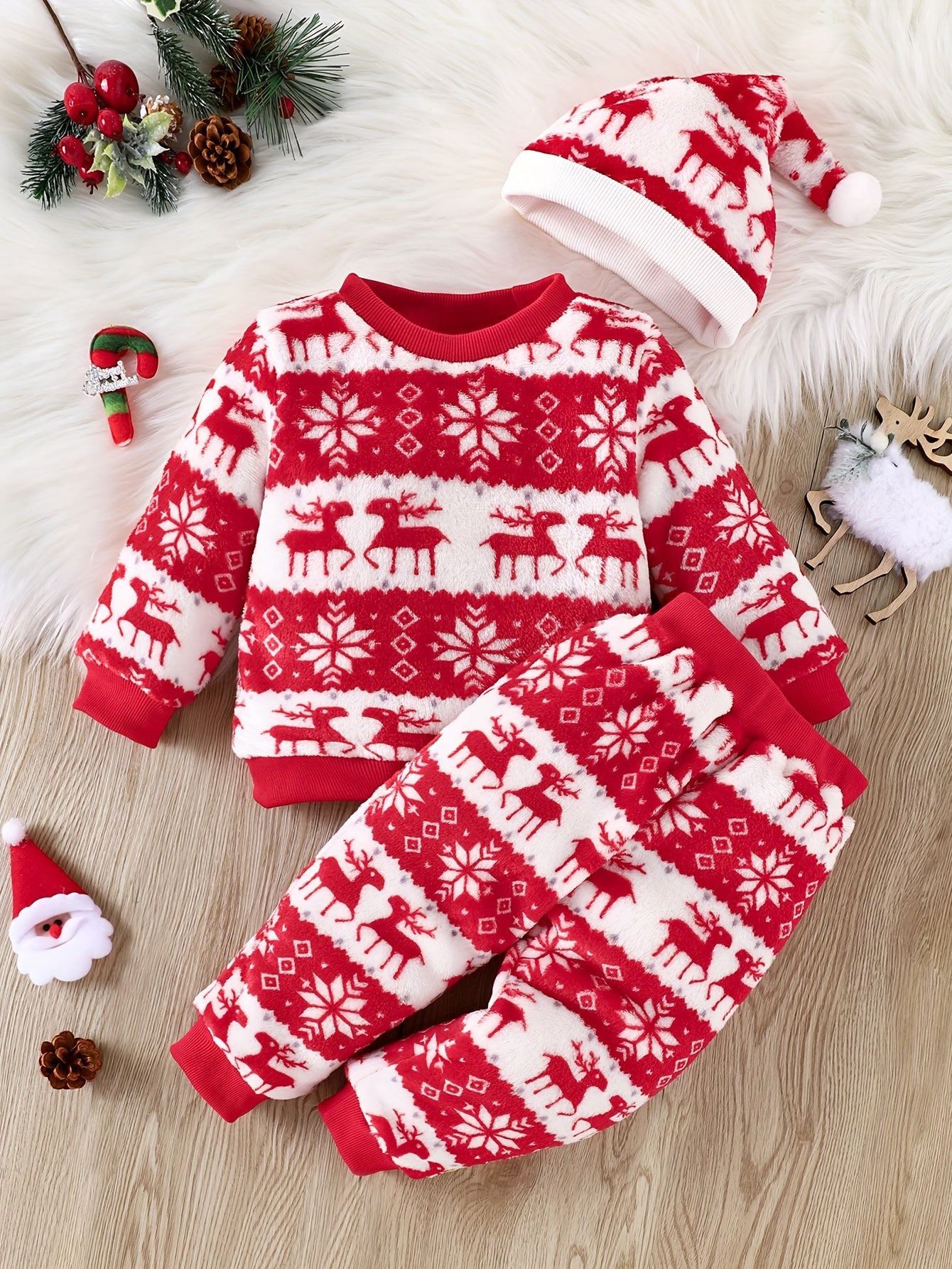 pyjama noël bébé douillet flanelle trois pièces rennes rouge blanc