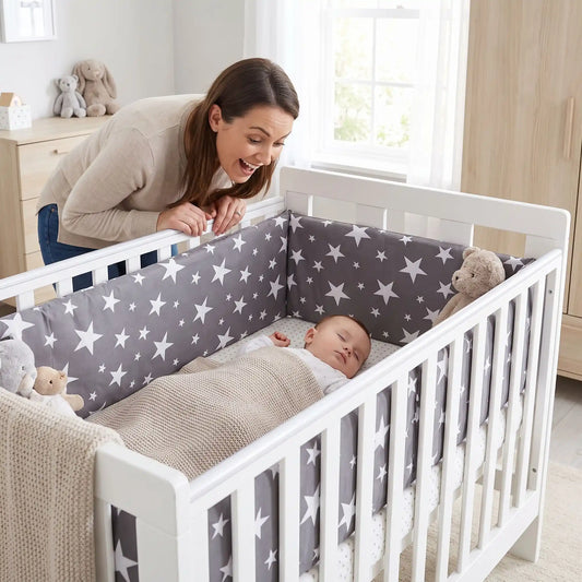 tour de lit étoiles bleu bébé dort maman soulagée