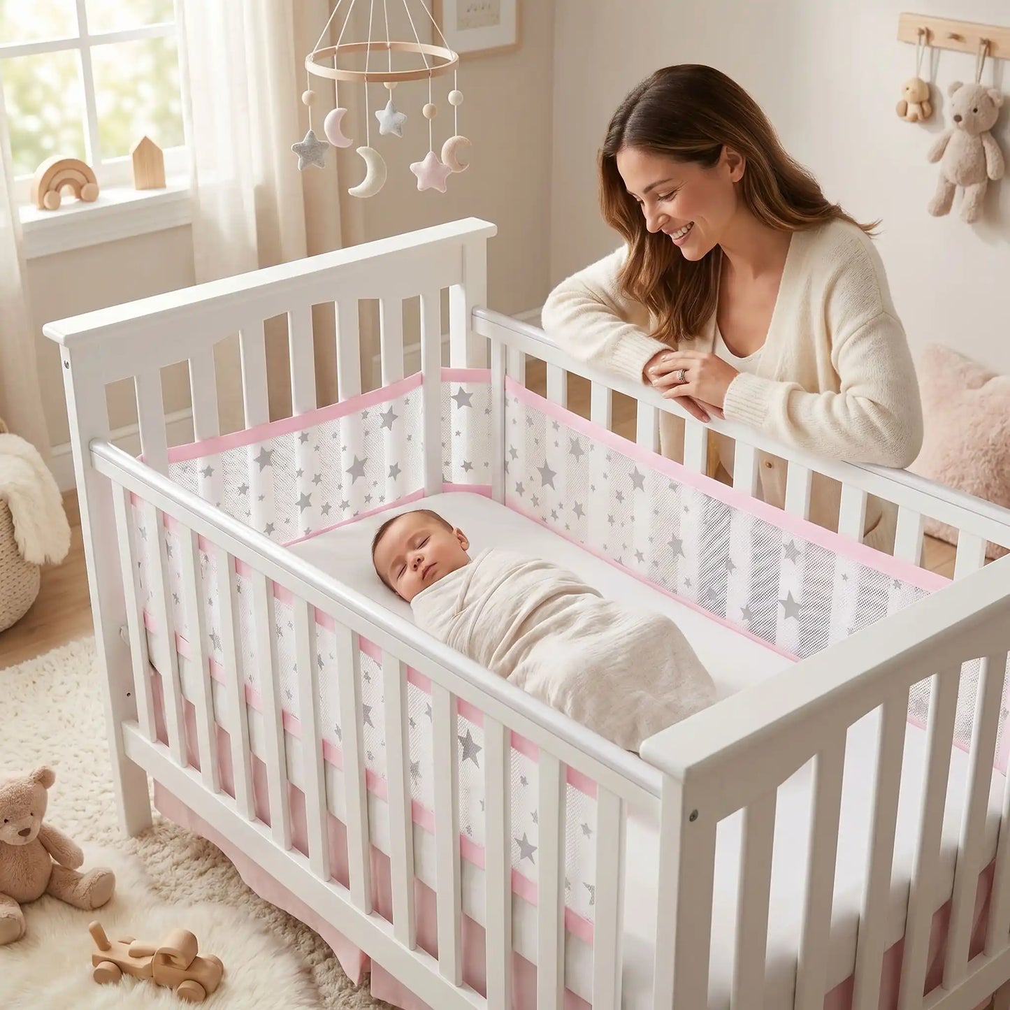 Tour de lit bébé respirant maille sécurisé étoiles câlines mama heureuse