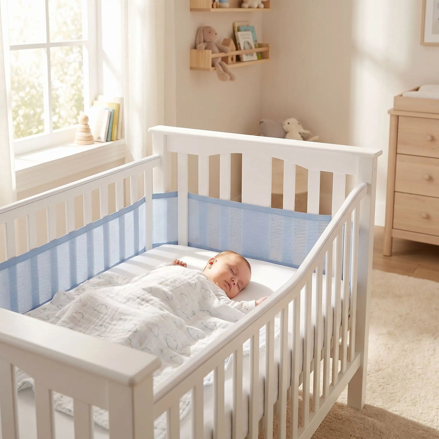 tour de lit respirant 2 pièces  tissus aéré 3D bleu bébé dort