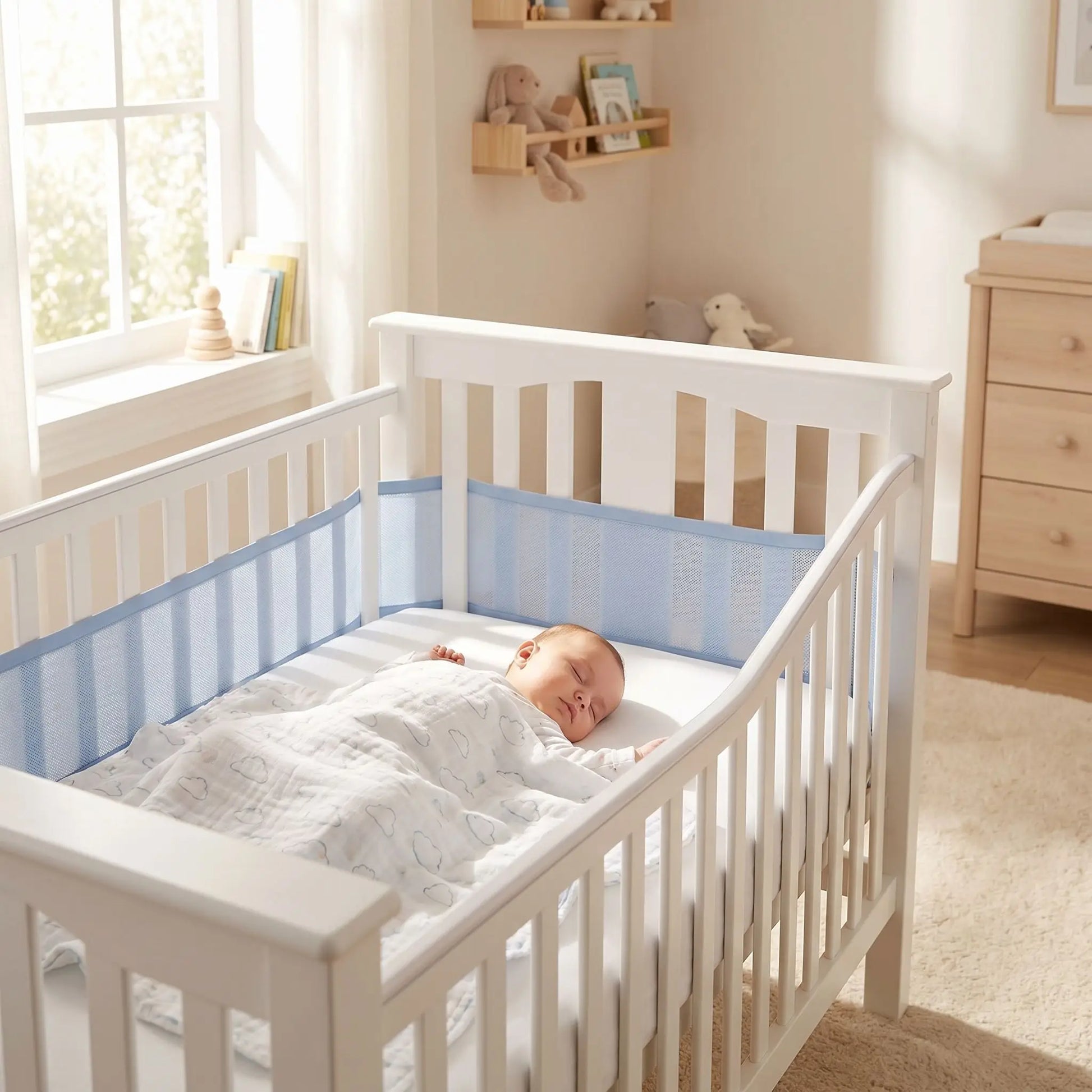 tour de lit respirant 2 pièces  tissus aéré 3D bleu bébé dort