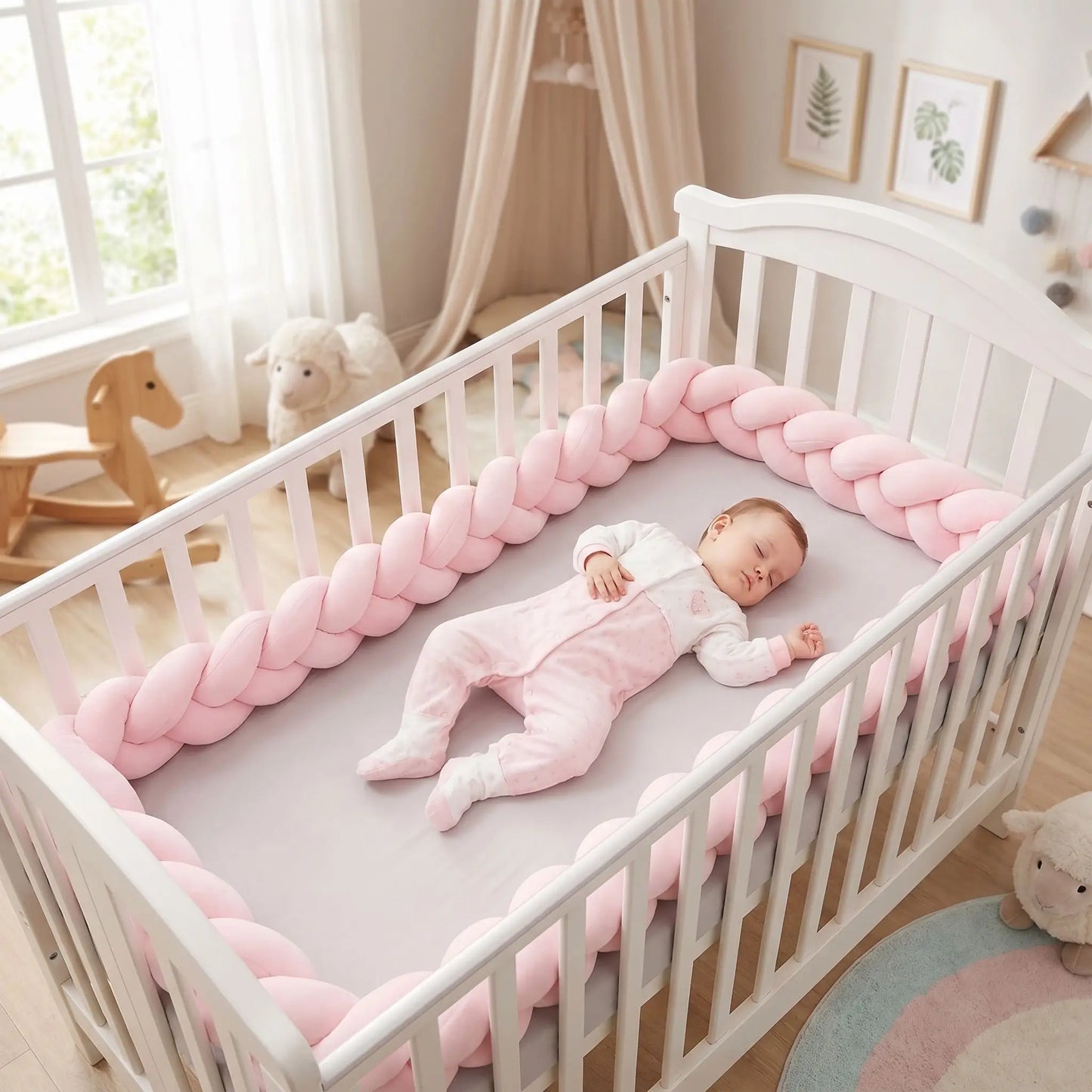 tour de lit respirant coton hypoallergénique tressé rose bébé dort
