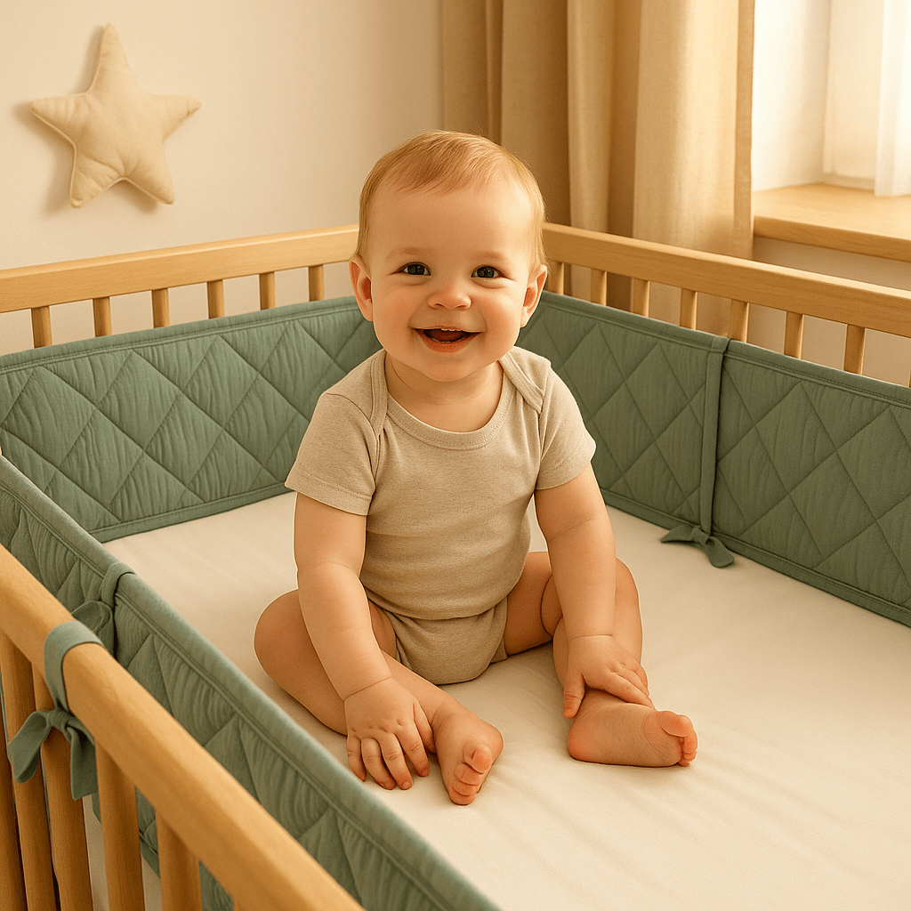 tour de lit respirant gris sérénité garçon joyeux assis