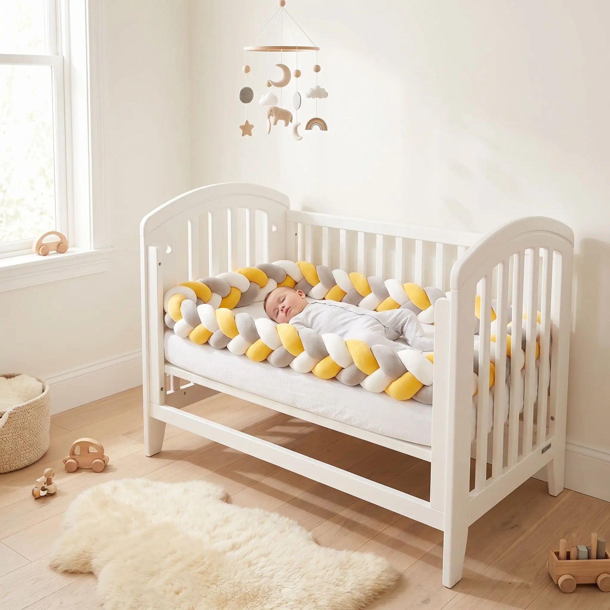 tour de lit respirant tressé sécurité Jaugrisblanc bébé dort