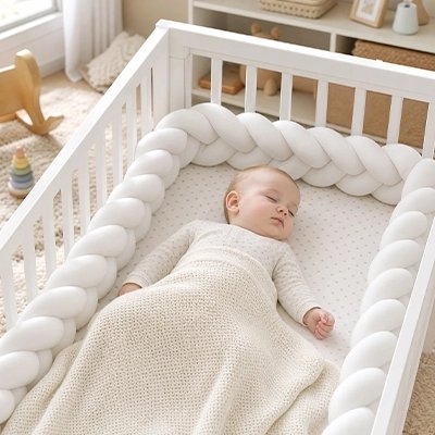 Tour de lit tressé douceur sécurisante respirante blanc bébé dort