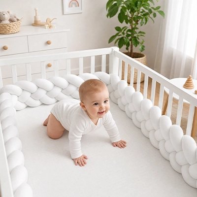 Tour de lit tressé douceur sécurisante respirante blanc bébé rampe