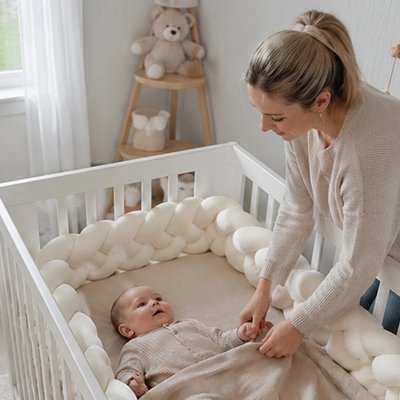 Tour de lit tresse douceur sécurisé beige bébé maman lien