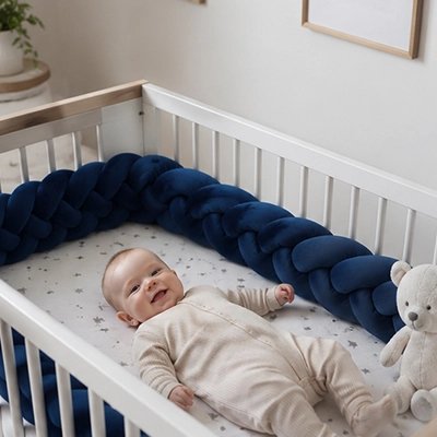 Tour de lit tresse doux sécurisé bleu bébé joyeux couché