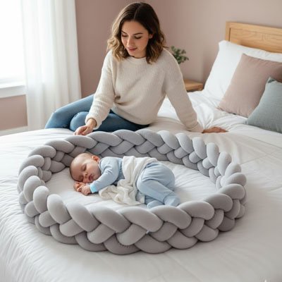 Tresse de lit cocon douillet rassurant gris  bébé dort maman