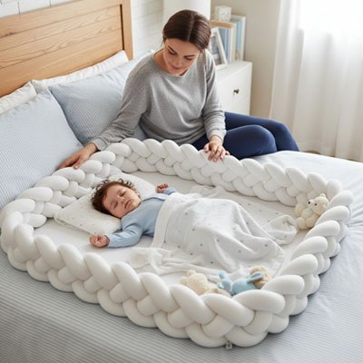 Tresse de lit cocon rassurant blanc bébé dort maman joyeuse