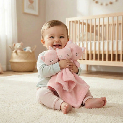 trois doudou plat chat rose velours apaisant bébé contente assis